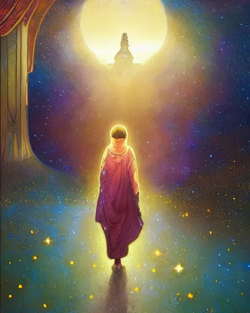 Image similar to bedouin child praying in galaxy walking towards mosque surrounded by nebula, highly detailed, gold filigree, romantic storybook fantasy, soft cinematic lighting, award, disney concept art watercolor illustration by mandy jurgens and alphonse mucha and alena aenami, pastel color palette, featured on artstation