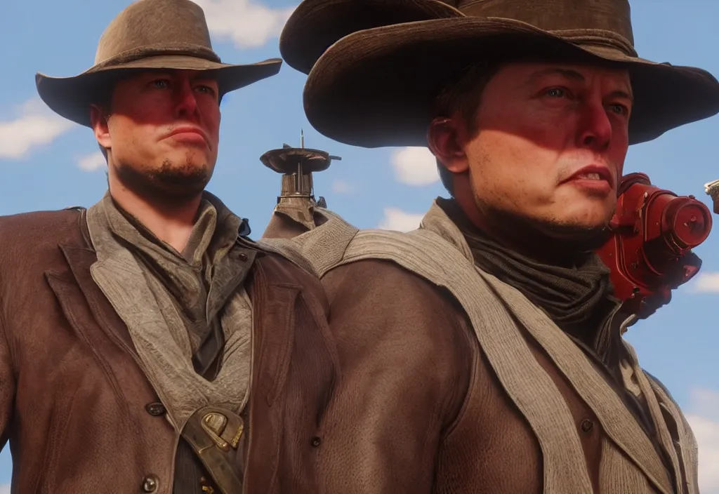 Image similar to elon musk in the red dead redemption 2, elon musk in the video game red dead redemption 2, gameplay screenshot, close up, 3 d rendering. unreal engine. amazing likeness. very detailed.