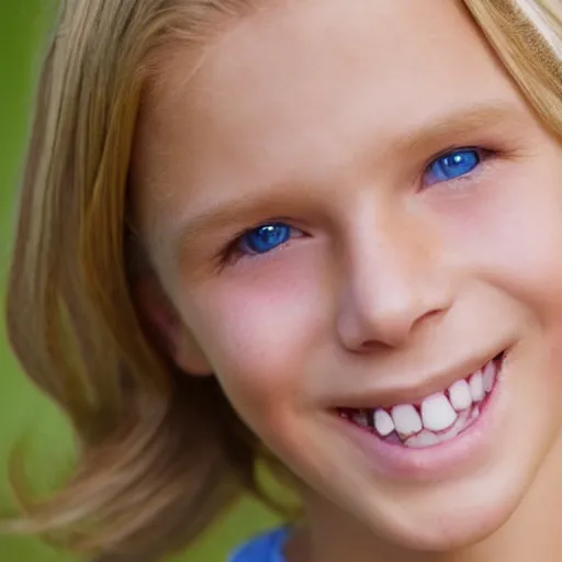 Image similar to a beautiful 1 1 yo boy from florida, blond, joyfully smiling at the camera, blue eyes. healthy