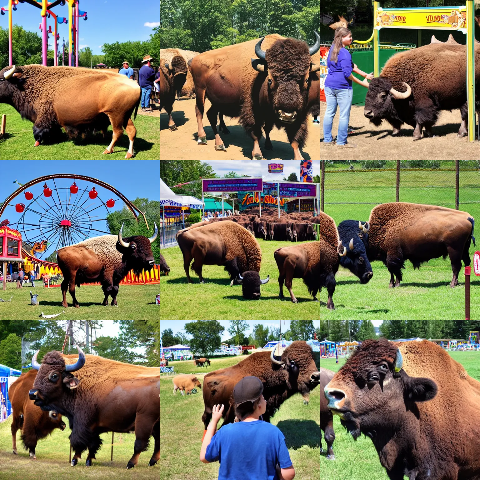 Prompt: fair rides, petting zoo, bison calf