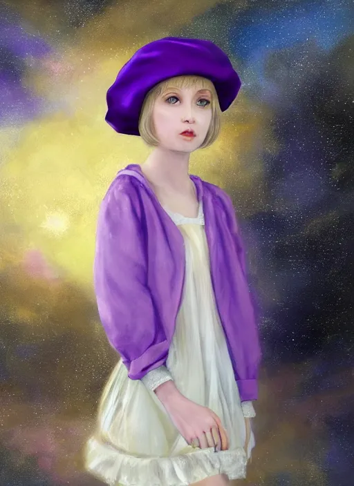 Prompt: A painting of a beautiful and mysterious young girl with short blond hair wearing an oversized purple Beret, Baggy Purple overall shorts, Short Puffy pants made of silk, silk shoes, a big billowy scarf, Golden Ribbon, and white leggings Covered in stars. Short Hair. Sunlit. Haute Couture. Dreamlike. Cloudscape. Fantasy Illustration. Art by william-adolphe bouguereau and Alexandre Cabanel and Anna Dittmann and WLOP and Artgerm and Johannes Helgeson. Smooth. Elegant. Highly Detailed. Intricate. Realistic fantasy illustration. 4K. UHD. Denoise.