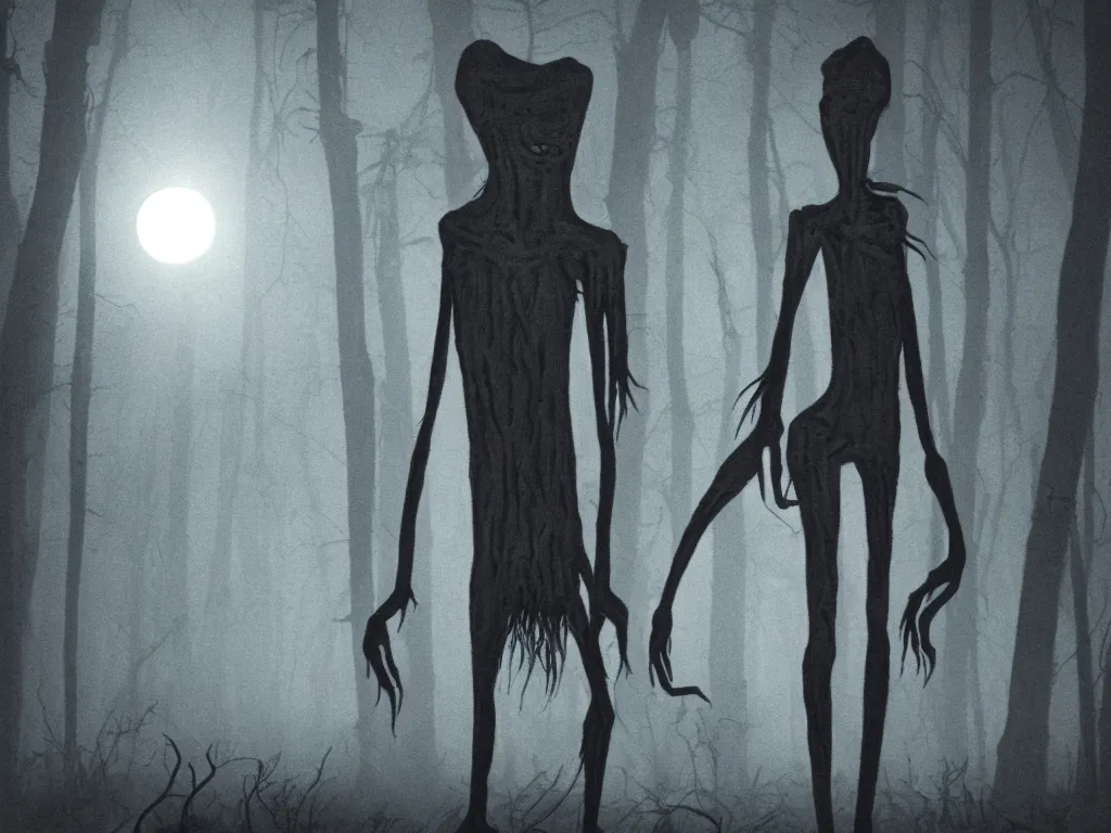 Prompt: A tall skinny horrifying creature coming out of the dark woods at night