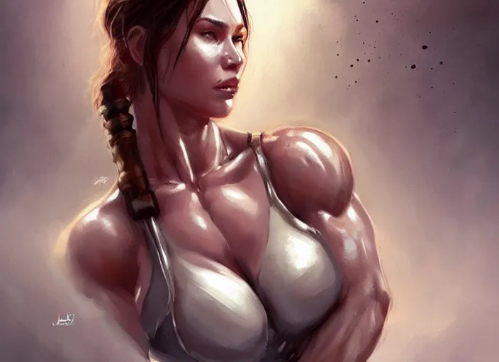 Image similar to portrait of a beautiful female bodybuilder lara croft with plump lips, elegant, fantasy, hd shot, digital portrait, beautiful, artstation, comic style, by artgerm, guy denning, jakub rozalski, magali villeneuve and charlie bowater