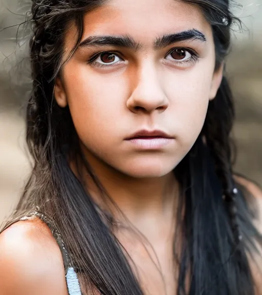 Prompt: professional, incredibly detailed headshot of a native american cherokee teenage girl with dark hair, beautiful eyes, a rebellious look, choppy hair, symmetrical features, realistic 8 k professional photography, midday lighting, defiant, octane, volumetric lighting, 7 0 mm, beautiful