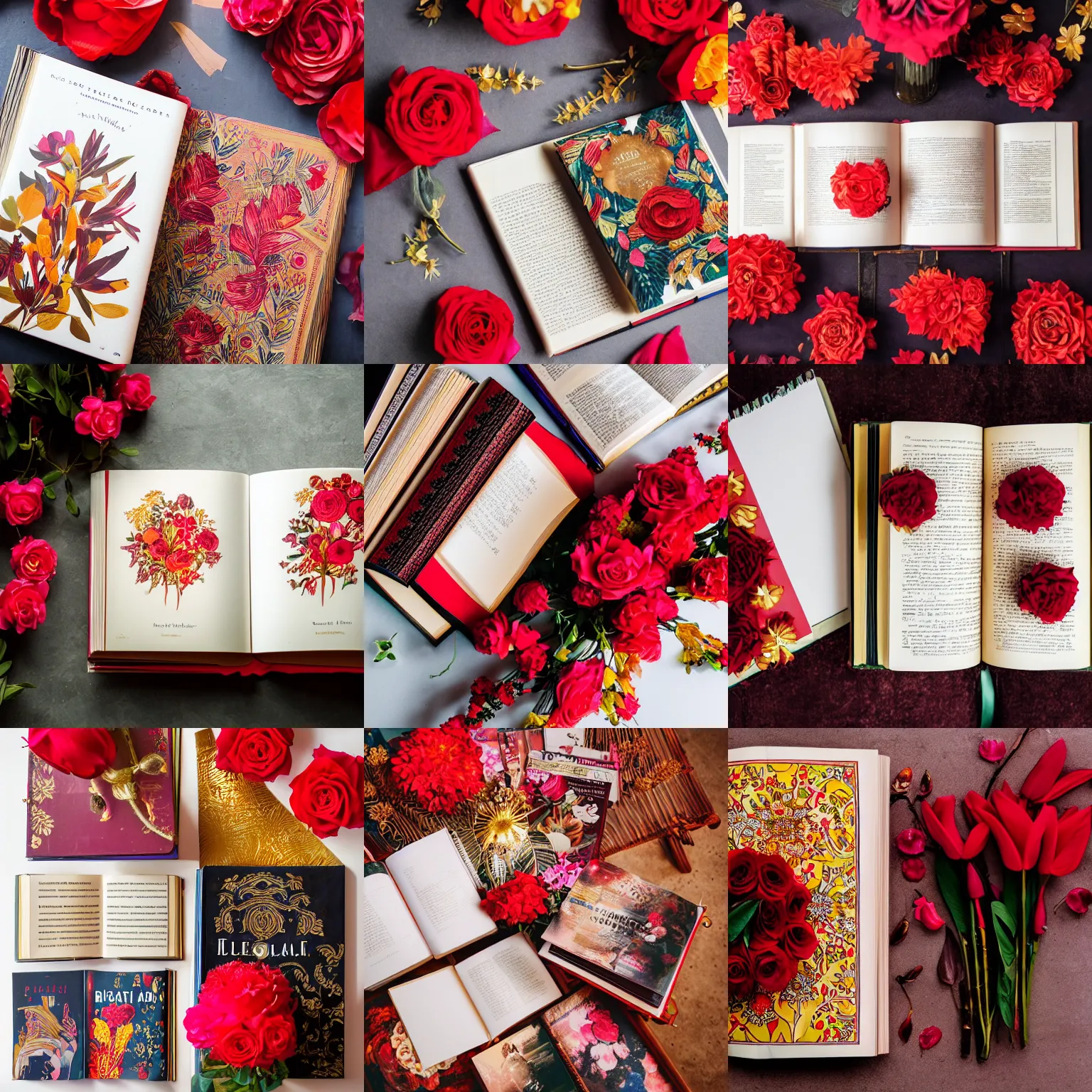 Prompt: flatlay book collection, vivid colors, dramatic lighting, red and gold flowers
