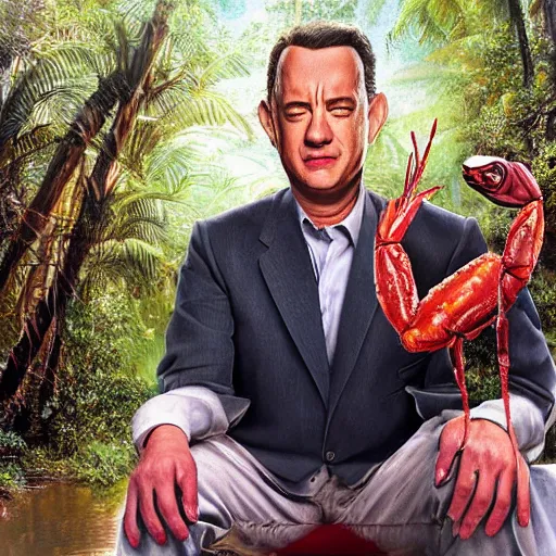 Image similar to Tom Hanks as forrest gump sitting on a giant shrimp in the jungle, realistic digital painting, photoreailstic, realistic face, amazing detail, sharp