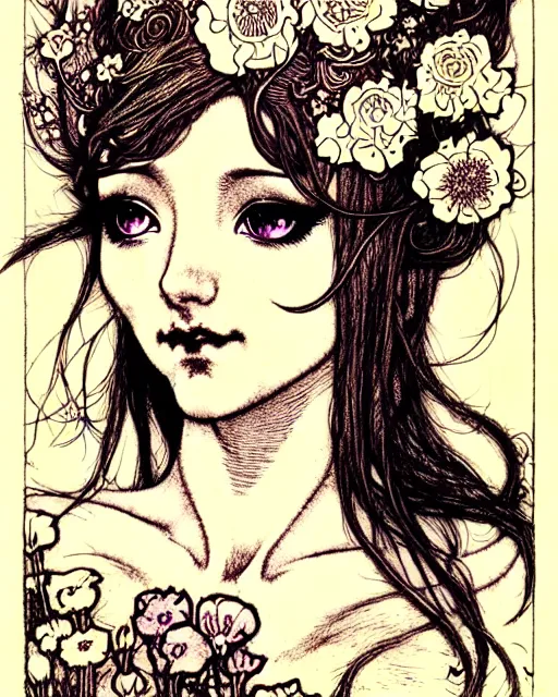 Image similar to burlesque elf, flowers in hair, fantasy character portrait, soft clouds, floral sunset, ultra realistic, concept art, intricate details, art nouveau, japanese woodblock, cinematic, highly detailed by arthur rackham