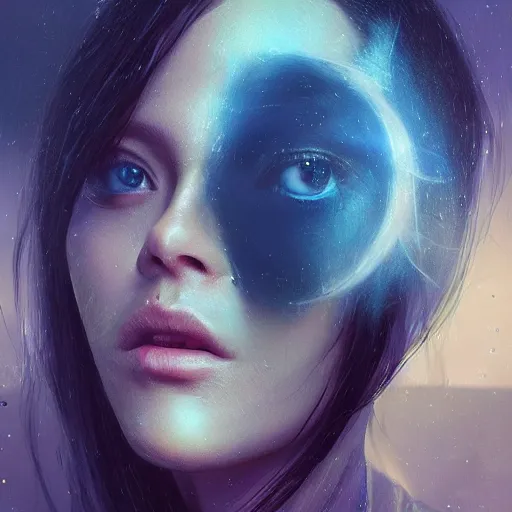 Prompt: 3 d, sci - fi, close - up, night, fashion model face, moon rays, cinematic, clouds, vogue cover style, blue mood, realistic painting, intricate oil painting, high detail illustration, figurative art, multiple exposure, poster art, 3 d, by tooth wu and wlop and beeple and greg rutkowski