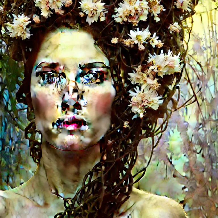 Image similar to hyperrealist realistic wonderful face portrait of a queen, it is decorated with white flowers on the head that fall like vines and wears a huge computer crown. by jeremy mann and alphonse mucha, fantasy art, photo realistic, dynamic lighting, artstation, poster, volumetric lighting, very detailed faces, 4 k, award winning