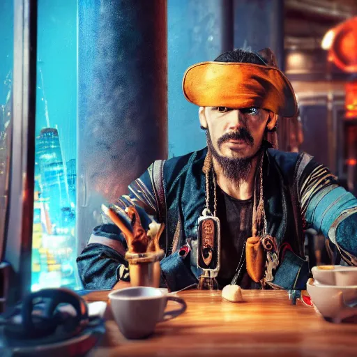 Image similar to a high quality portrait of a pirate in a cyberpunk cafe realism 8k