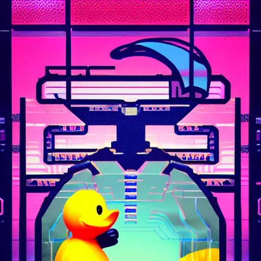 Prompt: Rubber duckie, cyberpunk glitchcore synthwave art, trending on ArtStation