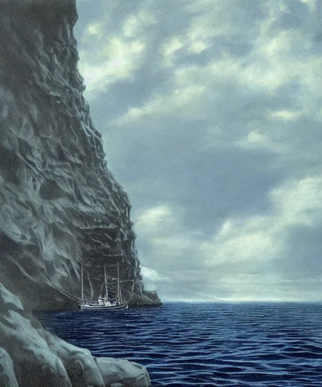 Image similar to photorealistic blue - toned photo of a 1 9 2 5 bay boat sailing near a jamaican cliff with the mouth of a sea cave at the waterline, dark, brooding, atmospheric, lovecraft, horror, smooth, epic, highly detailed, cinematic, by clyde caldwell