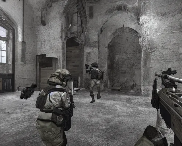 Prompt: counter strike screenshot of a group of soldiers in an abandoned church, high exposure, dark, monochrome, camera, grainy, timestamp, zoomed in, game HUD, source engine footage, CS:GO screenshot, steam community, featured on IGN