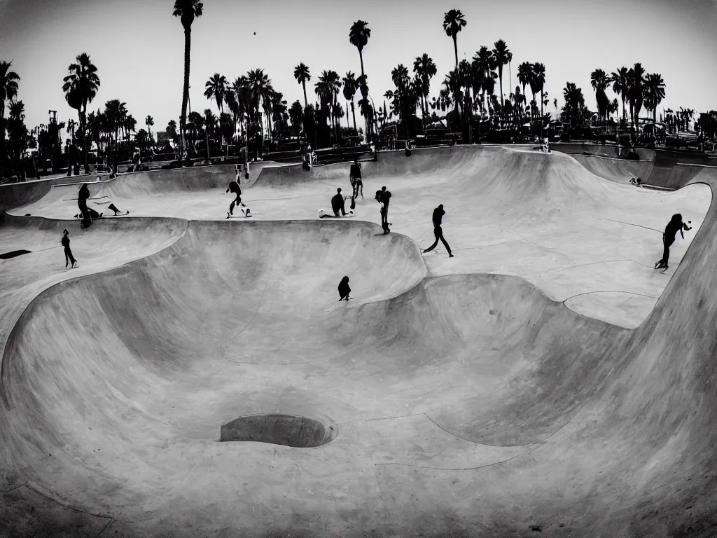 Image similar to “A black and white fisheye photo of Venice beach skate park”