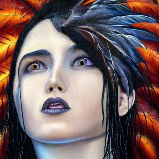 Prompt: detailed realistic oil painting youthful young alien jennifer connelly with black feathers instead of hair, dark fae, black eyes, black lips, uncanny valley, gray mottled skin, feathers growing out of skin, feathers growing from arms, black hands with long black claws, pale and sickly, profile view, full body, gothic, giger - - ar 9 : 1 6