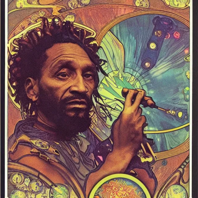 Image similar to polaroid of a vintage record cover by Franklin Booth showing a portrait of Lee Perry as a futuristic space shaman, Alphonse Mucha background, psychedelic art, star map, smoke, sciFi