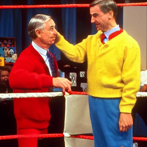 Image similar to mr.rogers in a boxing match against Daniel tiger