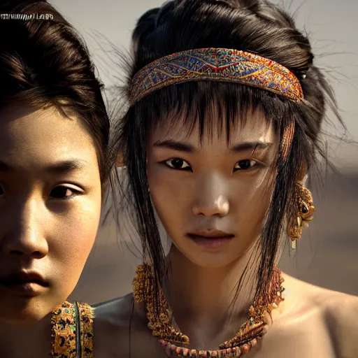 Image similar to portrait of a stunningly beautiful asian tribal female, depth of field, zeiss lens, detailed, symmetrical, centered, fashion photoshoot, by annie leibovitz and steve mccurry, david lazar, jimmy nelsson, breathtaking, 8 k resolution, extremely detailed, beautiful, establishing shot, artistic, hyperrealistic, beautiful face, octane render