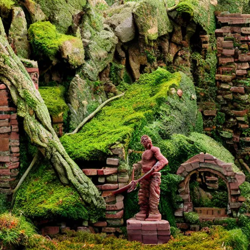 Prompt: the ruins of a giant stone brick village in a breathtaking landscape, red vines and moss growing over everything, a broken stone statue of a man with a red stone sword pointing into the distance