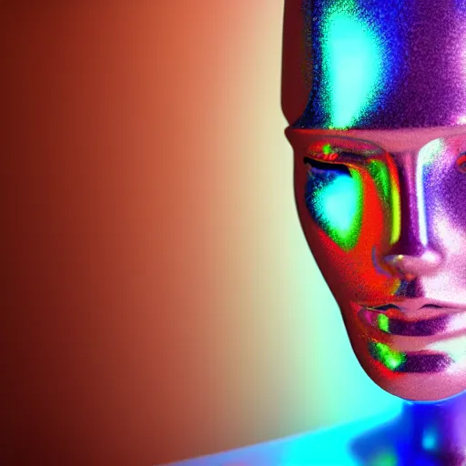 Image similar to 3d render of holographic human robotic head made of glossy iridescent, surrealistic 3d illustration of a human face non-binary, non binary model, 3d model human, cryengine, made of holographic texture, holographic material, holographic rainbow, concept of cyborg and artificial intelligence