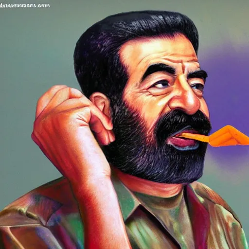 Image similar to saddam hussain eating crayons, realistic, award winning, photography,