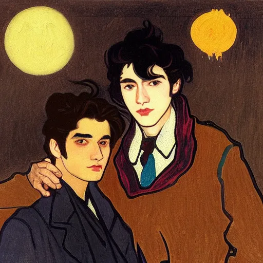 Image similar to painting of young cute handsome beautiful dark medium wavy hair man in his 2 0 s named shadow taehyung and cute handsome beautiful min - jun together at the halloween party, bubbling cauldron, candles, smoke, tarot, autumn colors, elegant, stylized, soft facial features, delicate facial features, art by alphonse mucha, vincent van gogh, egon schiele