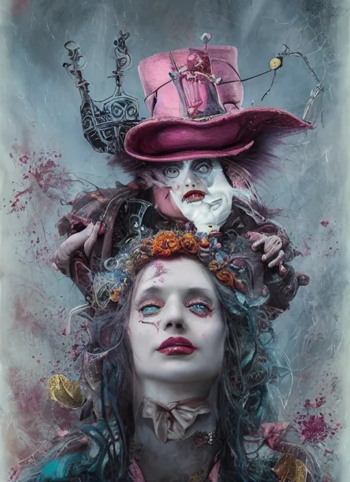 Image similar to Mad Hatter and Queen of Hearts,highly detailed,cinematic,8k,by Stanley Artgermm,Tom Bagshaw,Greg Rutkowski,Carne Griffiths, Ayami Kojima, Beksinski, Giger,Anne Stokes, Benjamin Lacombe,trending on DeviantArt,hyper detailed,horror, full of colour