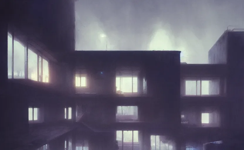 Image similar to An Exterior wide angle shot of a cyberpunk brutalist architecture House with warmly lit windows by Peter zumthor and James Turrell, Greg Rutkowski and Craig Mullins, Dark atmospheric sad and cinematic lighting, Trending on artstation