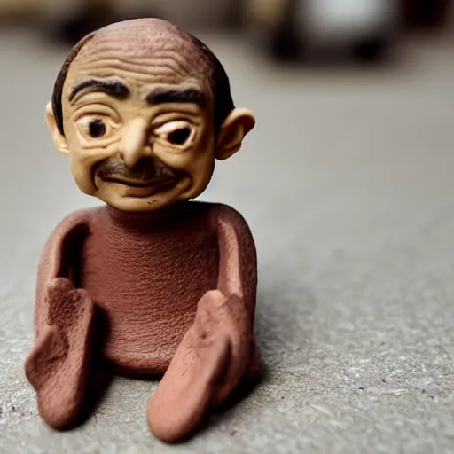 Prompt: mr bean made of clay in a cardboard city, cute, 55mm lens f1.4