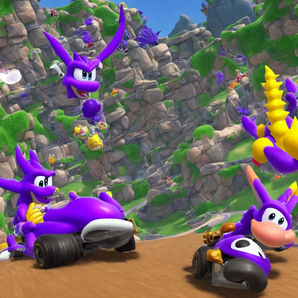 Prompt: race as spyro the dragon in mario kart 8 deluxe