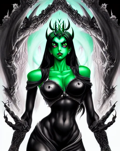 Prompt: beautiful demon queen woman only, evil grin, manga style only, black white and green colors only, symmetrical face and full body, demonic, cinematic, powerful, super detailed and intricate, hyper realistic, 4 k render, by artgerm, by kyoung hwan kim, by ralph mcquarrie, by yoshiyuki tomino