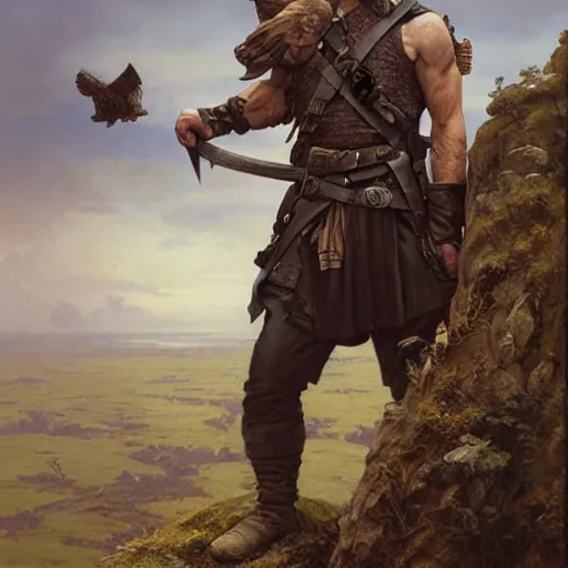 Image similar to rough middle age ranger with a falcon pet and a long sword, he is on top a cliff observing old ruins of a castle, elegant clothing, photorealistic render, matte patining, highly detailed, artstation, smooth, sharp focus, art by michael whelan, artgerm, greg rutkowski and alphonse mucha