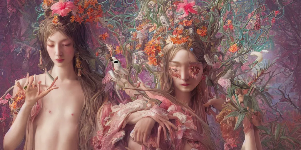 Prompt: breathtaking detailed weird concept art painting of the goddess of flamingo, orthodox saint, with anxious, piercing eyes, ornate background, amalgamation of leaves and flowers, by Hsiao-Ron Cheng and John James Audubon and Miho Hirano, extremely moody lighting, 8K