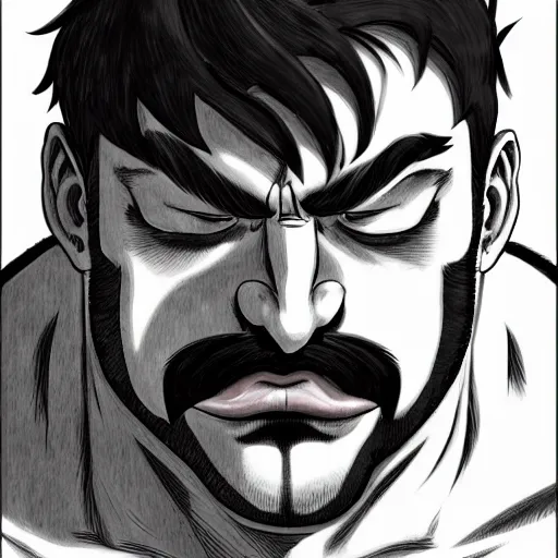 Prompt: face portrait a big beefy man with a large purple face, thick dark hair, a bushy black moustache, with hardly any neck and mean little eyes, highly detailed, digital art, sharp focus, trending on art station, kentaro miura manga art style