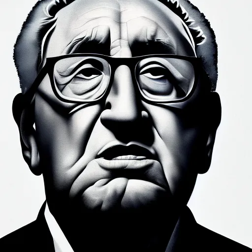 Image similar to a portrait of henry kissinger, hyper realistic, octane render, masterpiece portrait painting. dark, moody, black oil drips from his mouth and eyes, abstract brush strokes, inner glow.