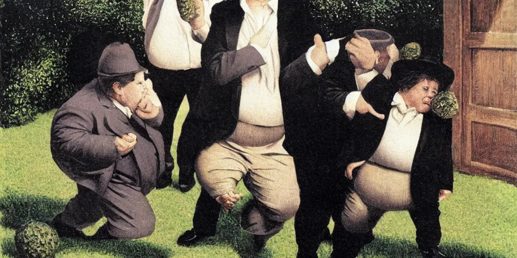 Image similar to Chunk doing the truffle shuffle in the style of Rene Magritte,