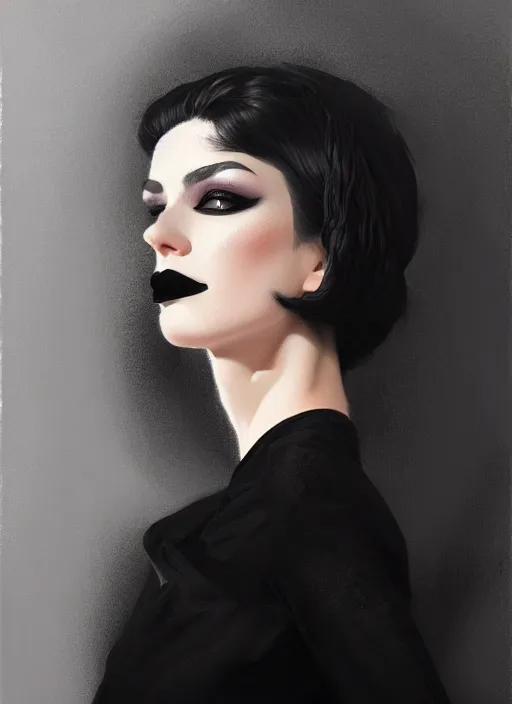 Prompt: portrait of a woman with a broad nose and a confident expression, 1 9 6 0 s, black clothes, goth, punk, funk, intricate, elegant, highly detailed, digital painting, artstation, concept art, smooth, sharp focus, illustration, art by wlop, mars ravelo and greg rutkowski