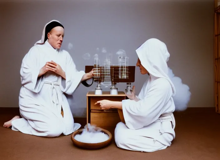 Image similar to realistic photo of a two medieval female monks scientists wearing white cotton robes, doing an experiment with a cloud, living room interior is made of wood 1 9 9 0, life magazine reportage photo, natural colors