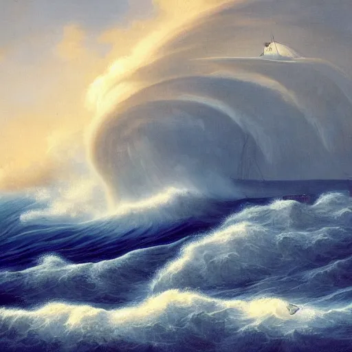 Prompt: giant ocean wave in a thunder storm with a ship fighting through the waves