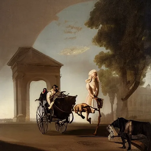Image similar to improvisational, dreary by michael carson, by bernardo bellotto. the photograph features a human figure driving a chariot. the figure is skeletal & frail, with a large head & eyes. the chariot is pulled by two animals, which are also skeletal & frail.