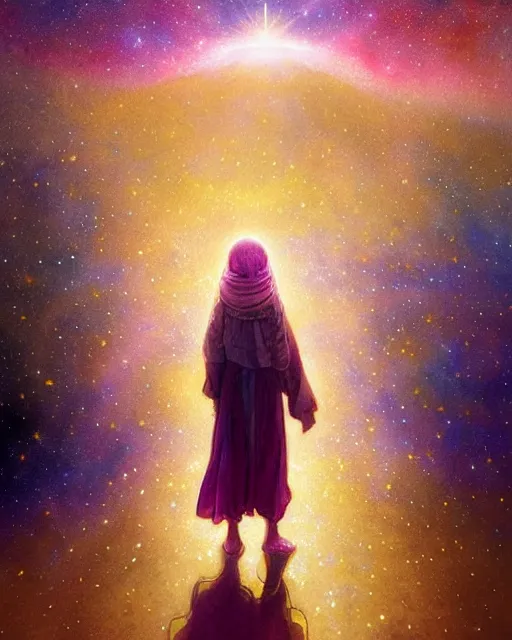 Image similar to bedouin child praying in galaxy walking towards mosque surrounded by nebula, highly detailed, gold filigree, romantic storybook fantasy, soft cinematic lighting, award, disney concept art watercolor illustration by mandy jurgens and alphonse mucha and alena aenami, pastel color palette, featured on artstation