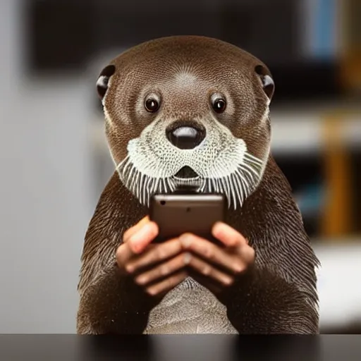 Prompt: an anthropomorphic otter using an android phone at home