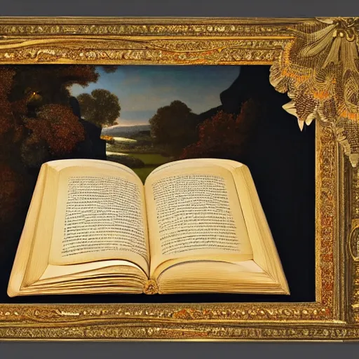 Image similar to beautifully detailed portrait of a detailed raven looking at a book laid out on a golden silk cloth, in a serene beautiful stone arched garden at beautiful sunrise by pascal blanche and frederic leighton and by rosetti and sidney cooper, 4 k, artstation