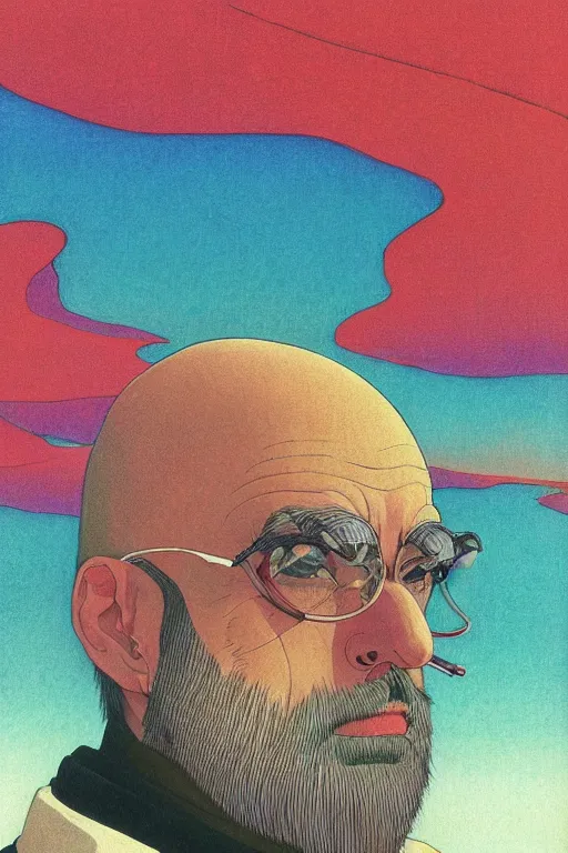 Prompt: a colorful closeup portrait of a handsome bald man with a very long wild beard dreaming psychedelic hallucinations in the vast icy landscape of antarctica, by kawase hasui, moebius and edward hopper, colorful flat surreal design, hd, 8 k, artstation