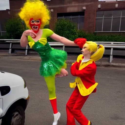 Image similar to ronald mcdonald fighting tinkerbell in a parking lot