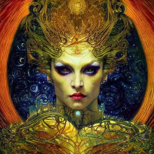 Image similar to Divine Chaos Engine by Karol Bak, Jean Deville, Gustav Klimt, and Vincent Van Gogh, beautiful visionary mystical portrait, sacred, otherworldly, fractal structures, ornate gilded medieval icon, third eye, spirals