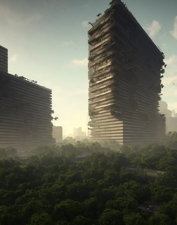 Image similar to brutalist architecture, streetscapes surrounded by lush green forest, view from ground level, stunning volumetric lighting, sunset, rusted steel, smooth solid concrete, stunning skies, trending on Artstation, 8k, photorealistic, hyper detailed, unreal engine 5, IMAX quality, cinematic, epic lighting, in the style of the game DOOM, by Greg Rutkowski