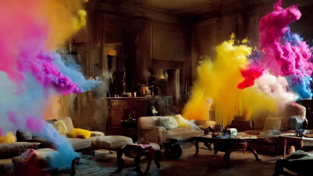 Image similar to colored powder explosion in the living room, film still from the movie directed by Denis Villeneuve with art direction by Salvador Dalí, wide lens