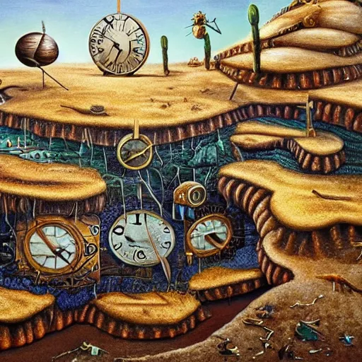 Image similar to surrealist landscape, clock melting, ant city, painting, highly detailed