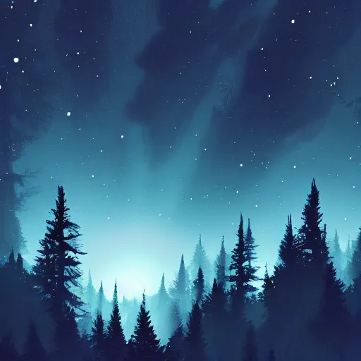 Prompt: A dark forest in the night from where you can see the Orion Nebula in the sky, digital illustration highly detailed, elegant, faint dynamic lighting, 4K
